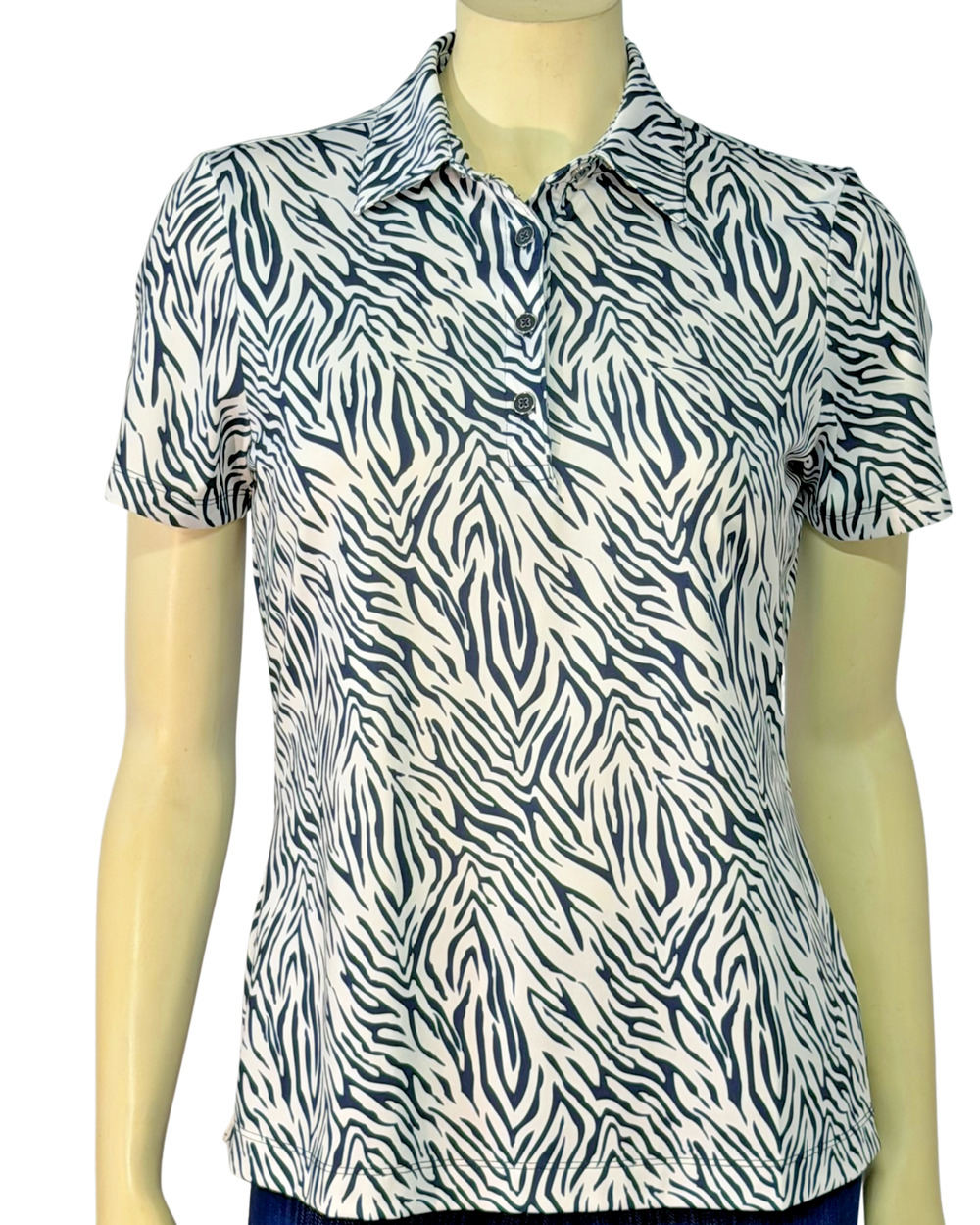 Greg Norman PlayDry Sz M Golf Polo Shirt Athletic Fit Navy White Tiger Stripe